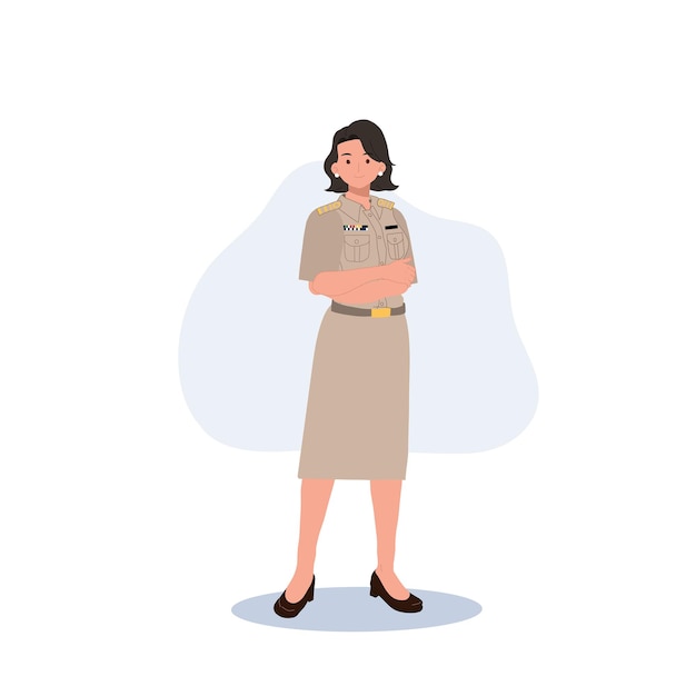 Mujeres oficiales del gobierno tailandés en uniforme Mujer profesora tailandesa personaje de dibujos animados Ilustración vectorial