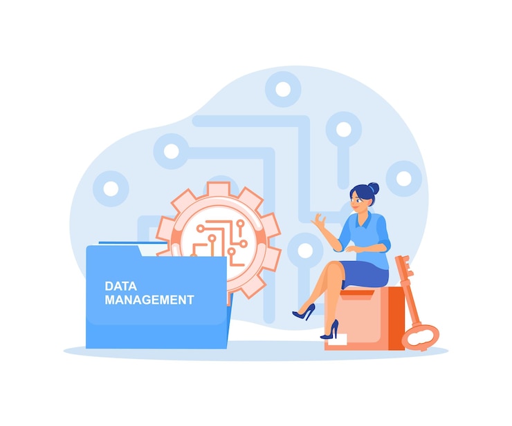 Vector las mujeres organizan el almacenamiento de información racional gerente de datos eficiente y seguro concepto de gestión de datos ilustración vectorial plana