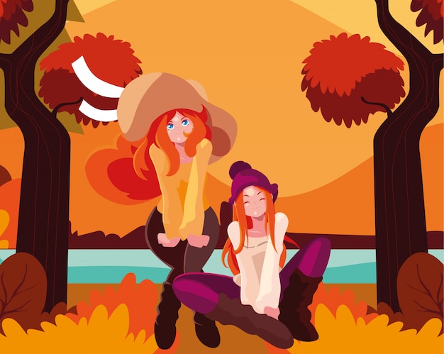 Vector mujeres en otoño diseño vectorial