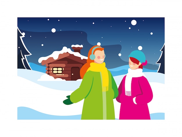 Mujeres en paisaje invernal y casa familiar
