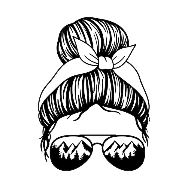 Vector mujeres con pañuelo de gafas de aviador y estampado de montaña messy bun mom lifestyle