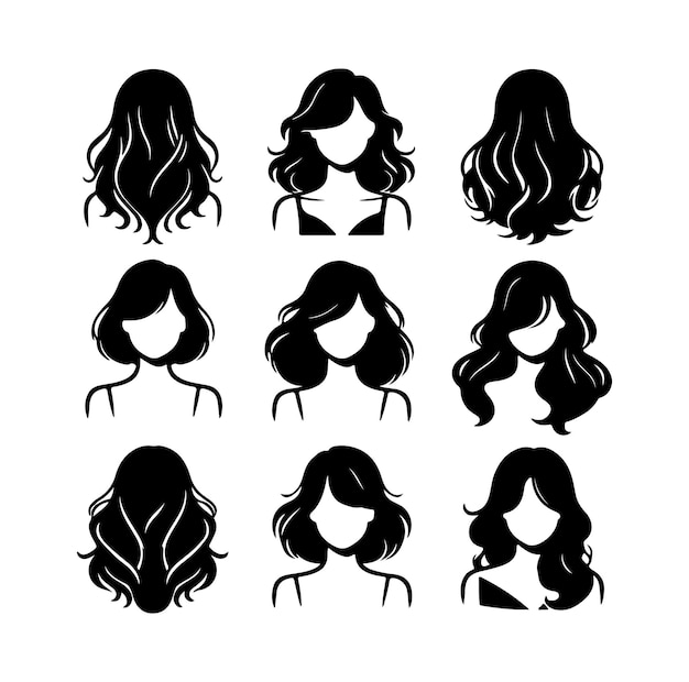 mujeres pelucas peinado atrás iconos conjunto silueta ilustración vectorial