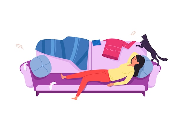 Mujeres perezosas en el sofá. Chica indiferente apática entre ropa desordenada, ilustración vectorial
