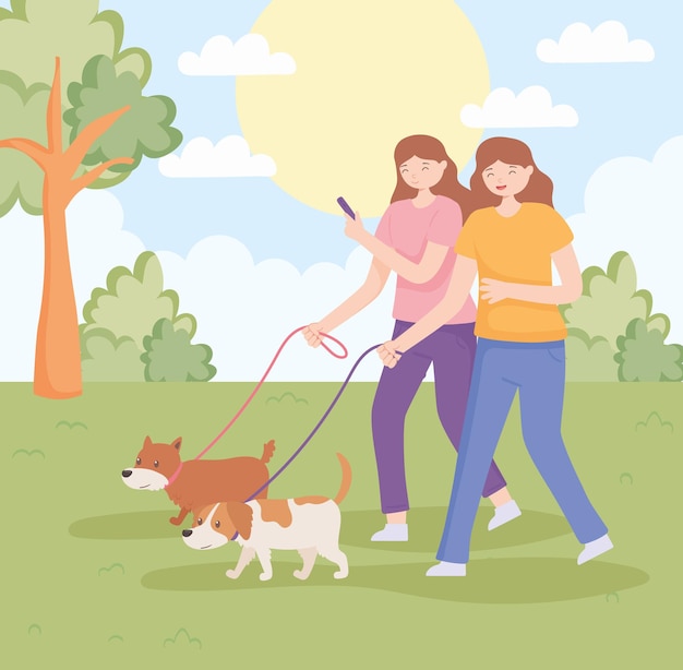 Mujeres con perros caminando