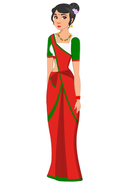 Vector mujeres personaje de dibujos animados criada india mujeres indias en saree dibujos animados femeninos 2d ilustración femenina