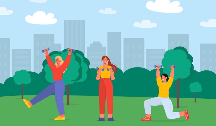 Vector mujeres con pesas al aire libre chicas jóvenes con fitness y ejercicio estilo de vida activo y deportes en