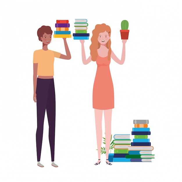 Vector mujeres de pie con pila de libros