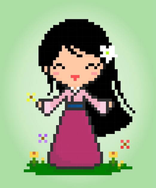 Las mujeres de píxeles de 8 bits usan vestidos hanfu de chicas chinas en ilustraciones vectoriales para el patrón de punto de cruz