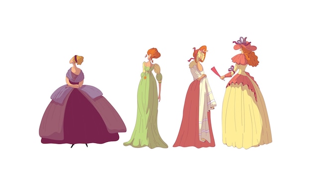 Mujeres en postura de pie con vestidos anticuados