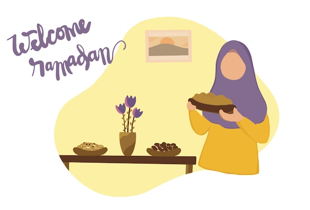 Mujeres preparando comida para iftar con deliciosa comida y dátiles