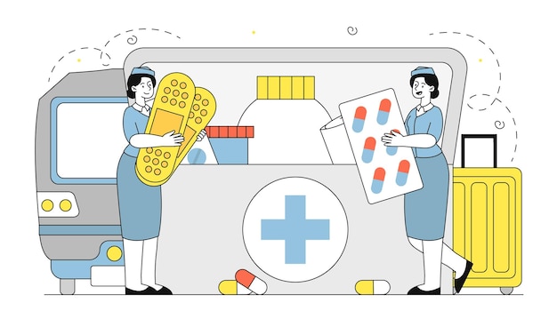Mujeres con primeros auxilios ferroviarios azafatas con pastillas y medicamentos atención médica y medicamentos primeros auxilios