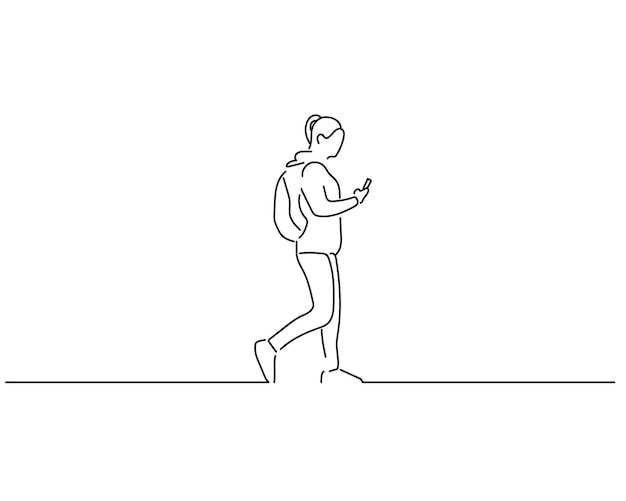 Mujeres que caminan con un boceto de teléfono o una ilustración de arte de línea continua