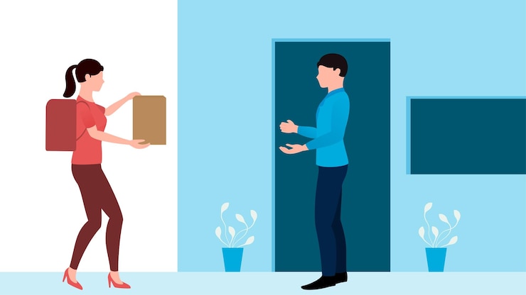 Vector mujeres que entregan el paquete a la ilustración de vector de negocio de entrega al cliente sobre fondo blanco