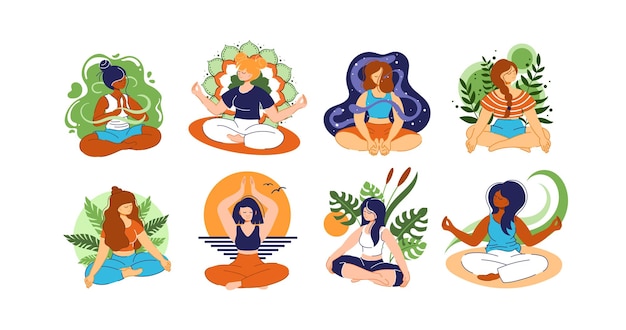 Mujeres que meditan personajes lindos en el estilo de vida de tranquilidad zen chicas felices en la meditación asana hojas y flores bienestar y yoga en la postura de loto conjunto plano de dibujos animados vectorial