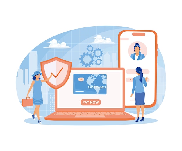 Mujeres que realizan pagos en línea Transferencia de dinero utilizando un teléfono móvil Concepto de pago en línea Ilustración de vector plano