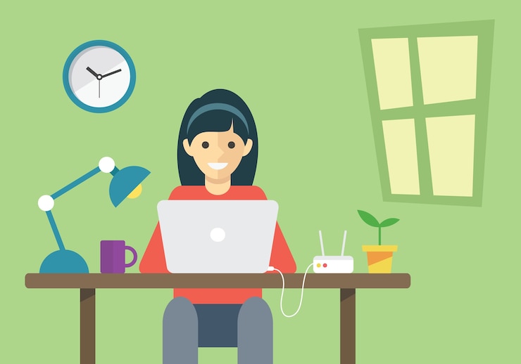 Vector mujeres que trabajan con la computadora portátil dentro de la habitación