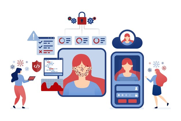 Mujeres que usan reconocimiento facial y tecnología de seguridad biométrica para iniciar sesión en aplicaciones con una selfie