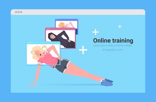 Mujeres de raza mixta haciendo ejercicios de fitness de yoga entrenamiento en línea concepto de estilo de vida saludable chicas en ventanas de navegador web trabajando espacio de copia horizontal ilustración de cuerpo entero