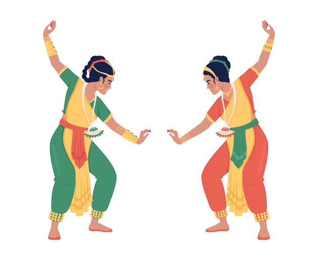 Mujeres realizando danza espiritual en personajes vectoriales de color semiplano de Diwali