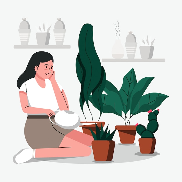 Las mujeres riegan las plantas y la jardinería.