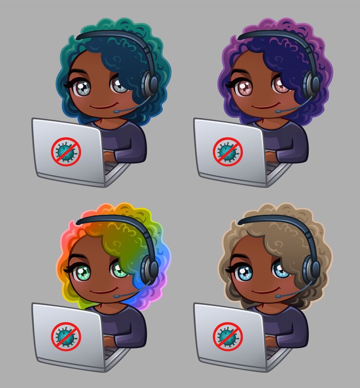 Vector las mujeres rizadas con auriculares y laptop trabajan en casa
