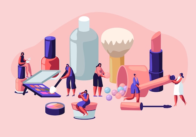 Mujeres en salón de esteticista. Personajes femeninos que prueban productos para el cuidado de la piel en un salón de belleza.