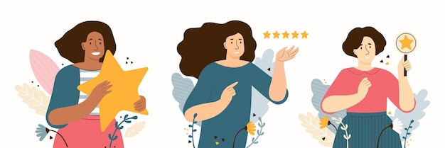 Mujeres satisfechas dan retroalimentación con una calificación de rango positiva El cliente tiene una estrella y evalúa el servicio