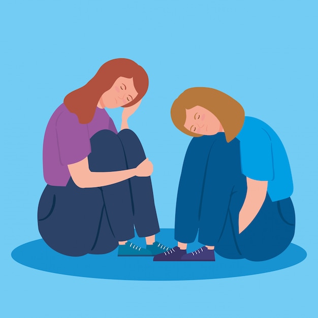 Mujeres sentadas con ilustración de ataque de estrés