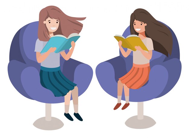 Mujeres sentadas en el sofá con personaje avatar libro