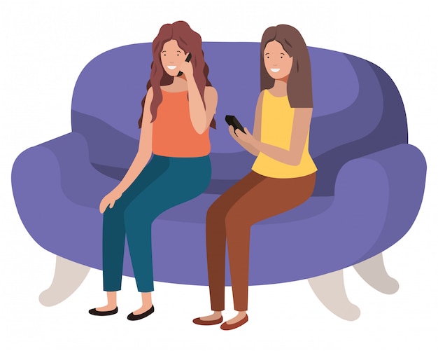 Mujeres sentadas en el sofá con el personaje de avatar de smartphone