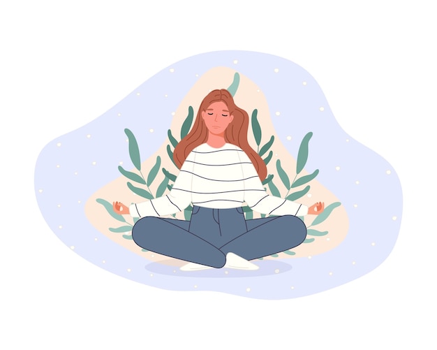 Mujeres sentadas en el suelo y meditando en la postura del loto Concepto de práctica de meditación de yoga Vector