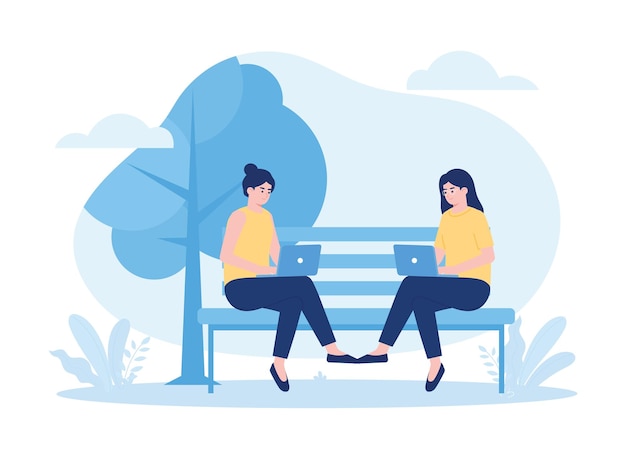 Las mujeres se sientan en sillas y discuten el concepto de ilustración plana