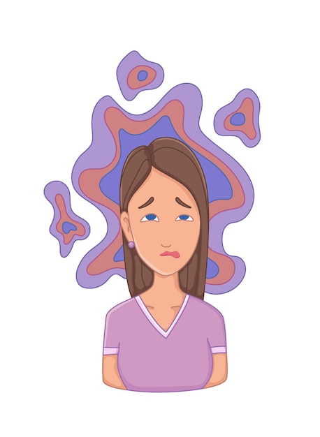 Mujeres con síntoma de estrés: insomnio. Problema de salud emocional o mental, estrés. Concepto de personaje de dibujos animados.