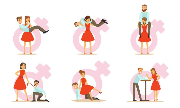 Vector mujeres en la sociedad moderna mujer intercambiando lugares con el hombre y dominándolo ilustración vectorial aislada sobre fondo blanco
