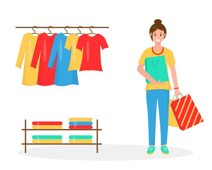 Vector mujeres sonrientes con bolsas de la compra. ropa nueva colgada en la tienda.