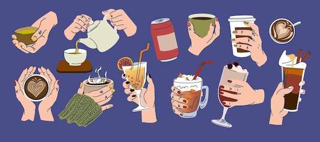 Las mujeres sostienen la bebida en la mano Café té de hierbas y cacao caliente Niña con taza de vidrio taza de té matcha Mujer de cerveza caliente Mujer vierte en taza de papel bebida Ilustración aislada plana de dibujos animados vectorial