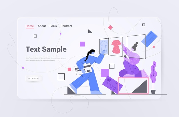 Las mujeres con tarjetas de crédito eligiendo ropa en la aplicación informática en línea concepto de compras horizontal ilustración de espacio de copia de longitud completa