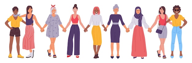 Mujeres tomados de la mano novias de pie juntos ilustración de vector de concepto de hermandad