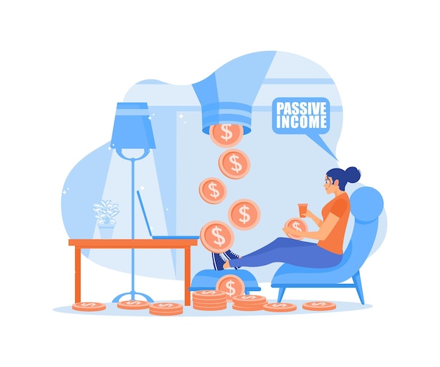 Las mujeres trabajan en casa por la noche Ingresos adicionales de Internet Concepto de ingreso pasivo Ilustración de vector plano