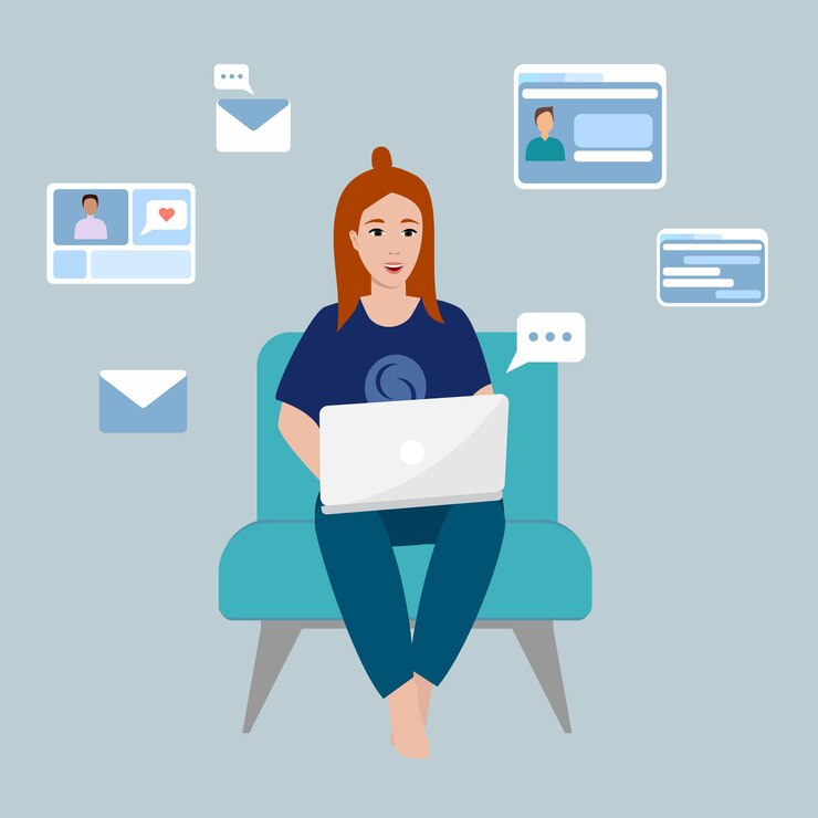 Vector las mujeres trabajan en las redes sociales o en el sitio web de reuniones freelance o estudiando en una computadora portátil rodeada de íconos