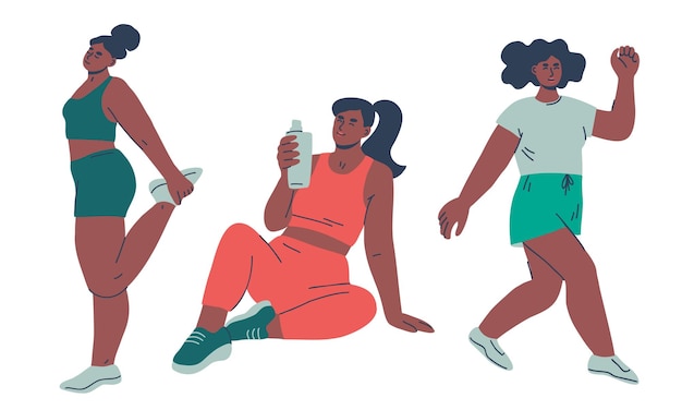 Mujeres trabajando conjunto personajes femeninos negros deportivos activos ilustración de vector dibujado a mano
