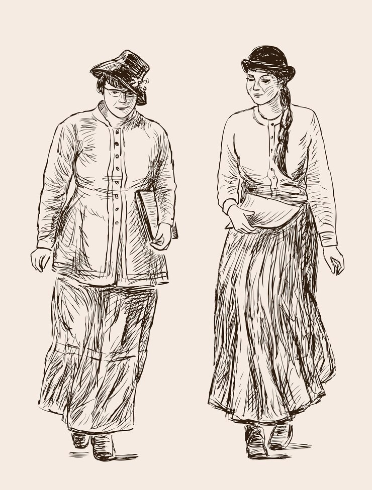 Vector mujeres en los trajes vintage de los estudiantes de sollege.