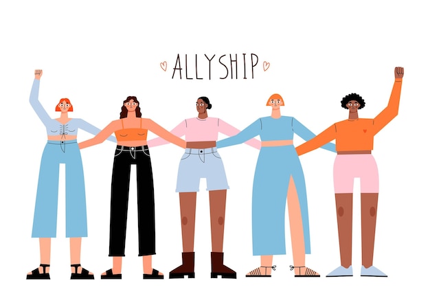 Las mujeres se unen y se abrazan. lettering allyship. concepto del día internacional de la mujer. mujeres