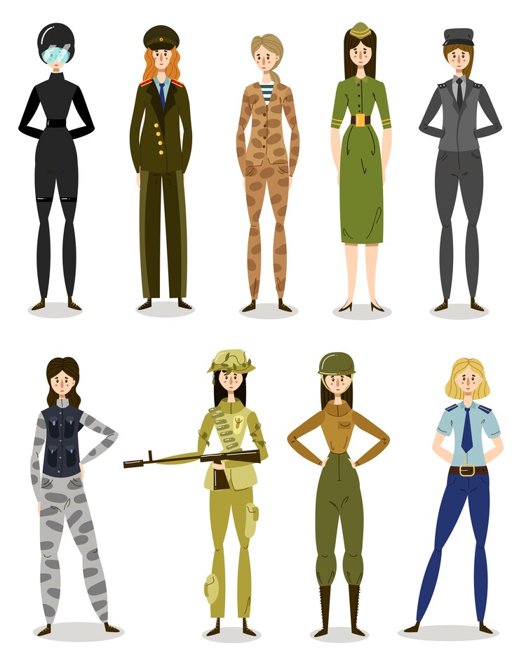 Vector mujeres en uniforme militar trabajando en el ejército, la policía, la ilustración de las fuerzas