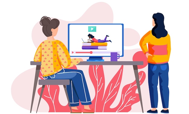 Las mujeres ven videos sobre trabajar desde casa La mujer en la pantalla se acuesta con una computadora portátil y trabaja en su computadora La gente está buscando trabajos independientes Lección en línea de ganar dinero desde casa
