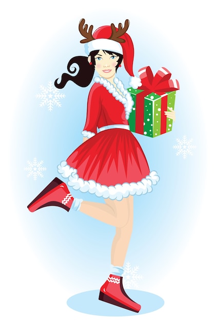 Vector mujeres con vestido de santa con caja de regalo