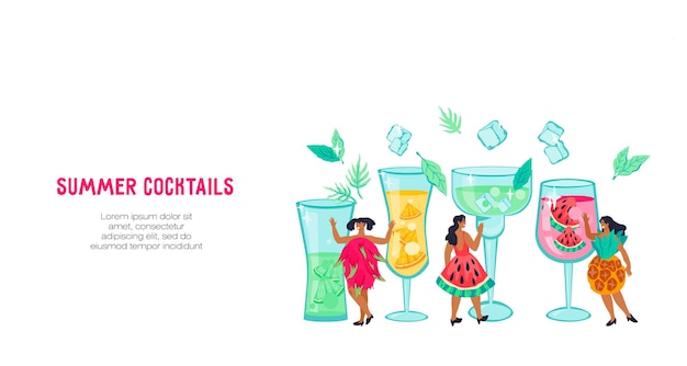 Vector mujeres en vestidos creativos entre copas con cócteles de frutas de verano fiesta en la playa del bar de cócteles y bebidas refrescantes de verano haciendo ilustración de vector plano de plantilla de sitio web