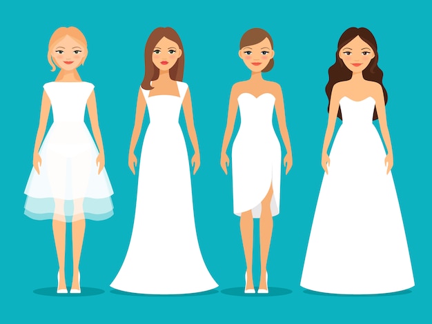 Vector mujeres en vestidos de novia sobre fondo azul