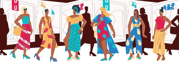 Las mujeres visitan tiendas de moda. ilustración vectorial plana.