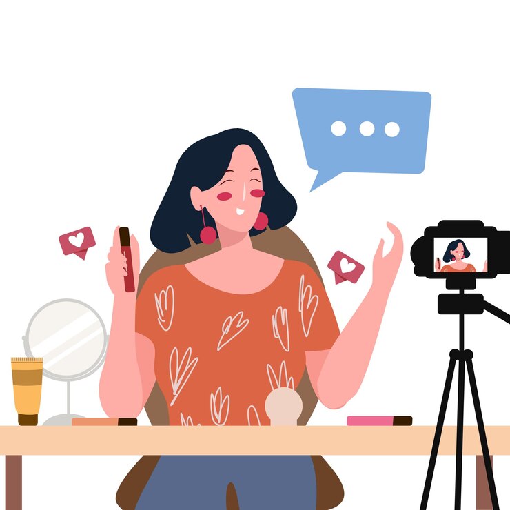 Vector mujeres vloggers de belleza presentando tutoriales de maquillaje en la cámara delantera grabando video en transmisión con estilo de dibujos animados plano